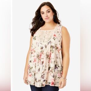 Roamans 16W Pink Angel Chiffon Blouse EUC Floral Sleeveless Lace Embroidered